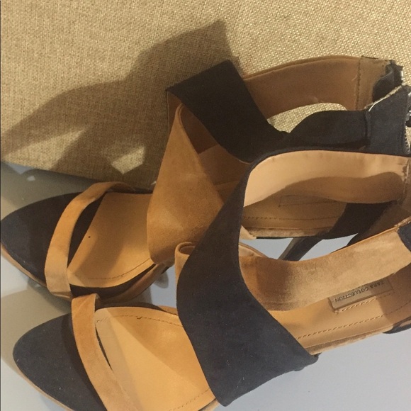 Zara Black & tan brown suede open‎ toe cross band platform stilettos size 41/10 - Picture 13 of 14
